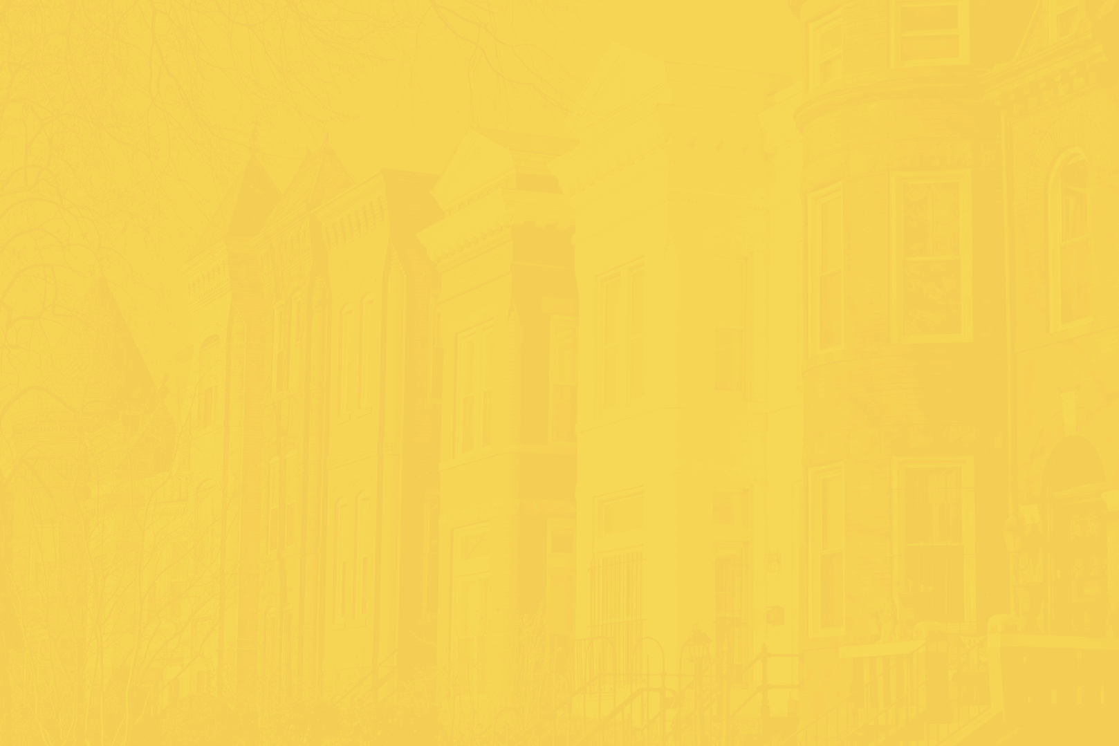 Several buildings lined up, with a bright yellow overlay on top of the image