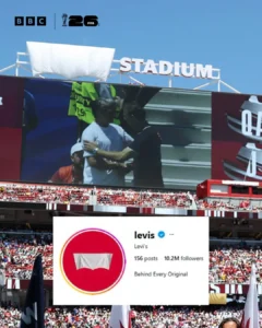 A photo of the covered Levi’s Stadium logo with a screenshot of Levi’s Instagram profile.